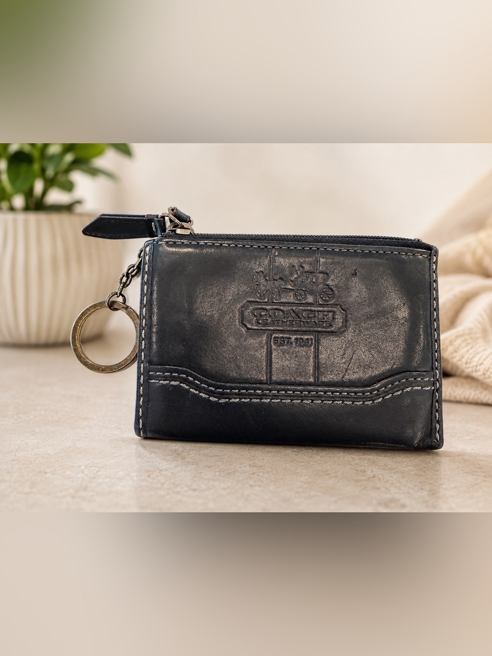 Vintage Coach Black Leather Key Ring Coin Pouch / Mini Wallet”
